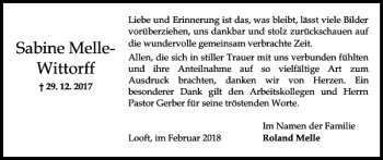 Traueranzeige von Sabine Melle-Wittorff von Norddeutsche Rundschau