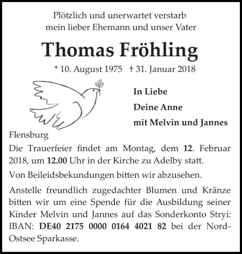  Traueranzeige für Thomas Fröhling vom 05.02.2018 aus Flensburger Tageblatt