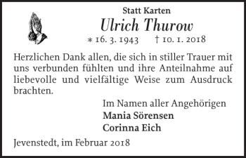 Traueranzeige von Ulrich Thurow von Landeszeitung