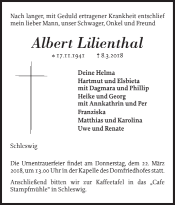 Traueranzeige von Albert Lilienthal von Schleswiger Nachrichten