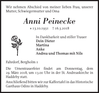Traueranzeige von Anni Peinecke von Schleswiger Nachrichten