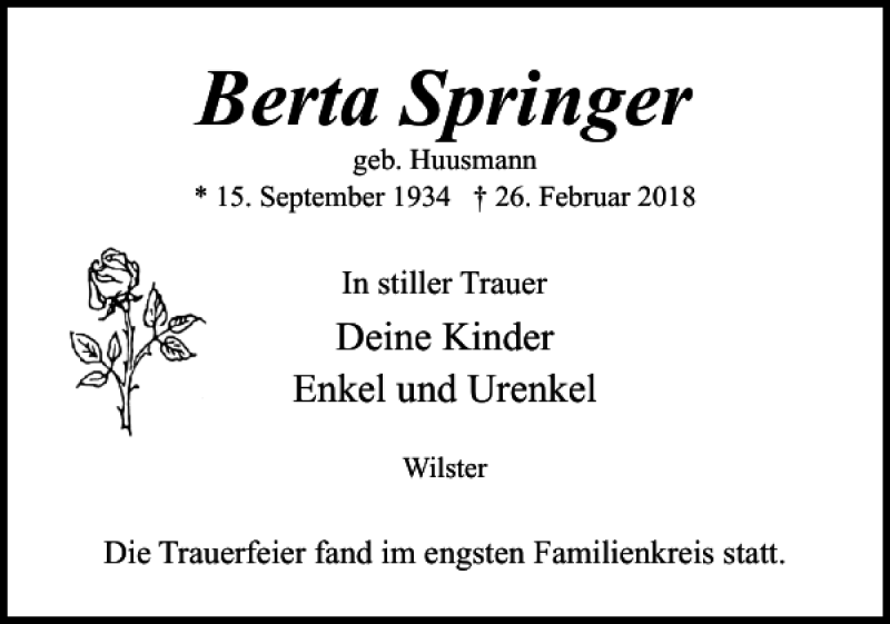  Traueranzeige für Berta Springer vom 05.03.2018 aus Norddeutsche Rundschau