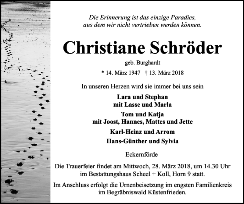  Traueranzeige für Christiane Schröder vom 17.03.2018 aus Eckernförder Zeitung