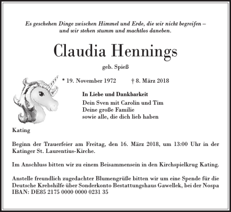  Traueranzeige für Claudia Hennings vom 13.03.2018 aus Husumer Nachrichten
