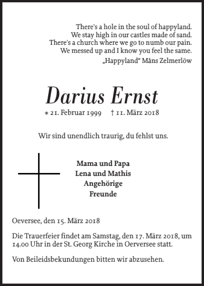  Traueranzeige für Darius Ernst vom 15.03.2018 aus Flensburger Tageblatt