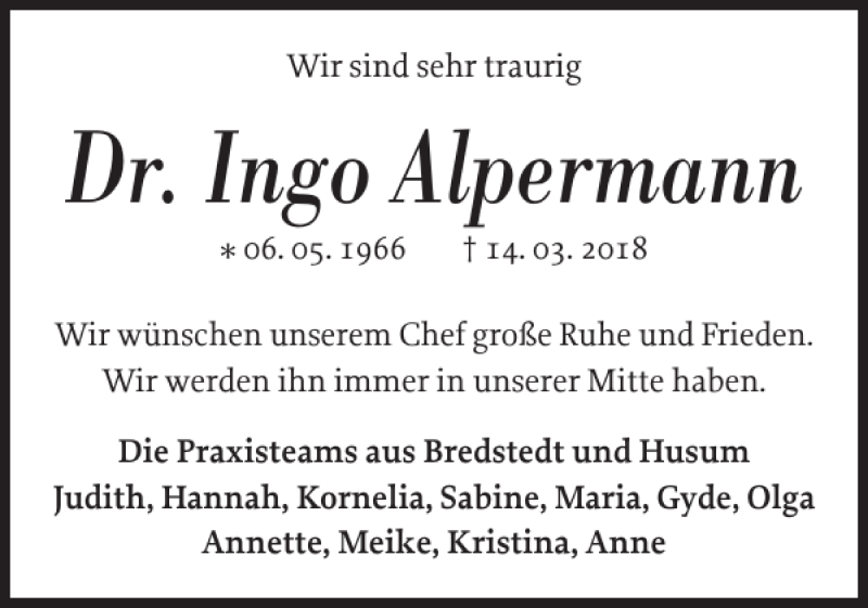 Traueranzeige für Dr. Ingo Alpermann vom 19.03.2018 aus Husumer Nachrichten