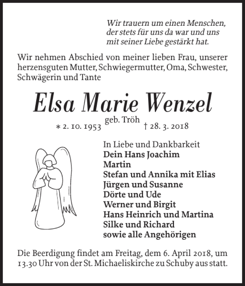  Traueranzeige für Elsa Marie Wenzel vom 31.03.2018 aus Schleswiger Nachrichten