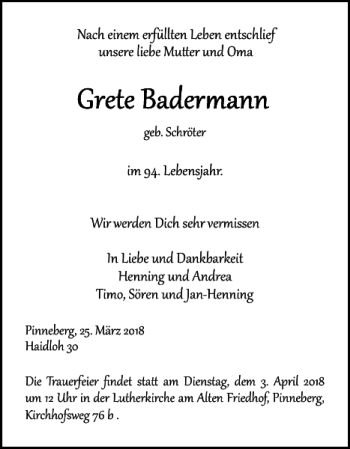 Traueranzeige von Grete Badermann von Pinneberger Tageblatt
