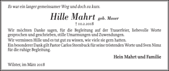 Traueranzeige von Hille Mahrt von Norddeutsche Rundschau