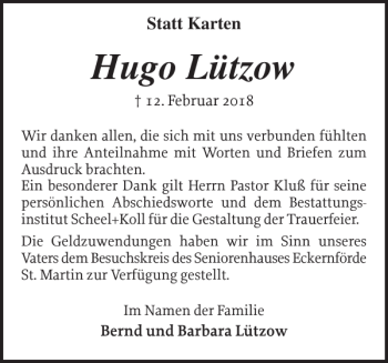 Traueranzeige von Hugo Lützow von Eckernförder Zeitung