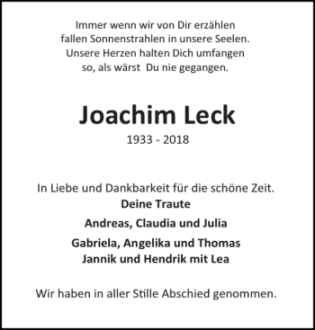 Traueranzeige von Joachim Leck von Holsteinischer Courier