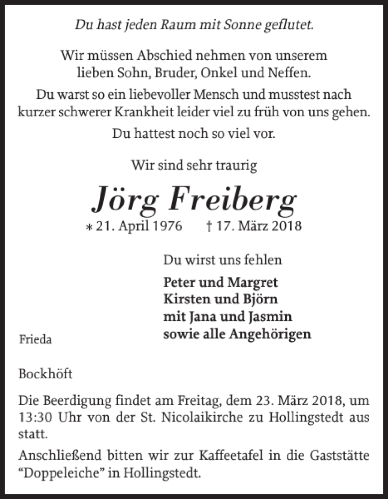  Traueranzeige für Jörg Freiberg vom 20.03.2018 aus Flensburger Tageblatt