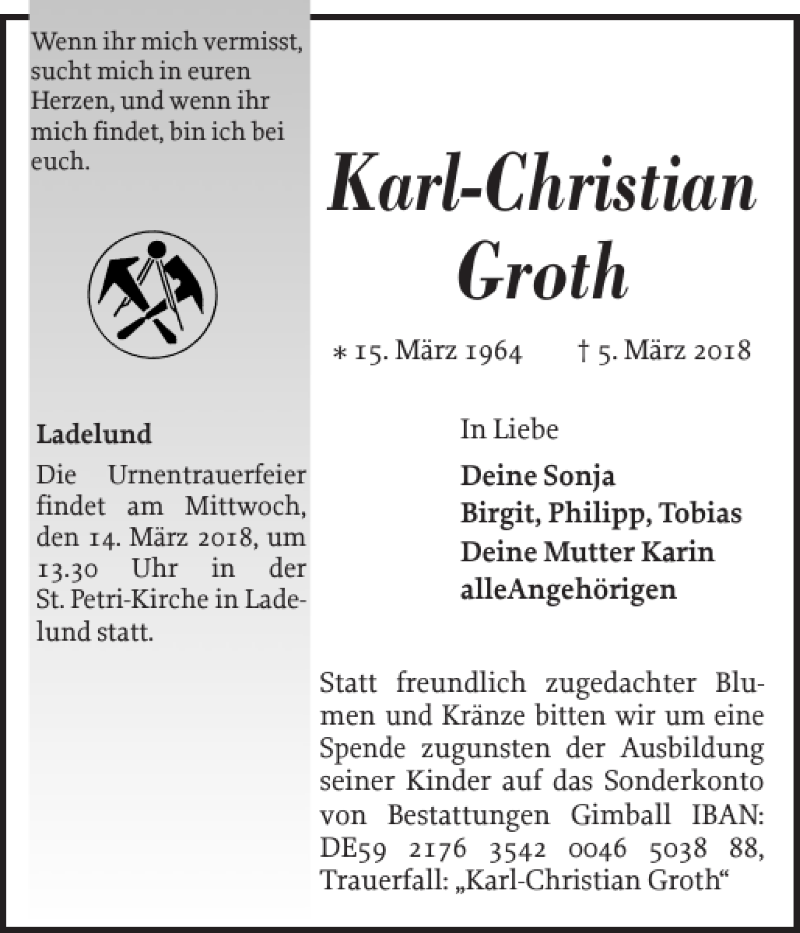  Traueranzeige für Karl-Christian Groth vom 09.03.2018 aus Nordfriesland Tageblatt