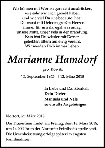 Traueranzeige von Marianne Hamdorf von Landeszeitung