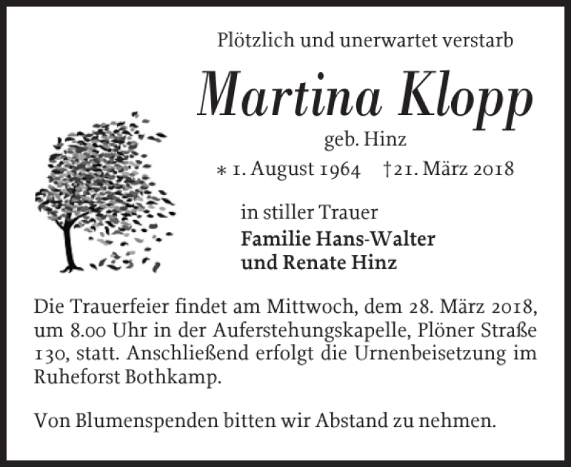  Traueranzeige für Martina Klopp vom 24.03.2018 aus Holsteinischer Courier