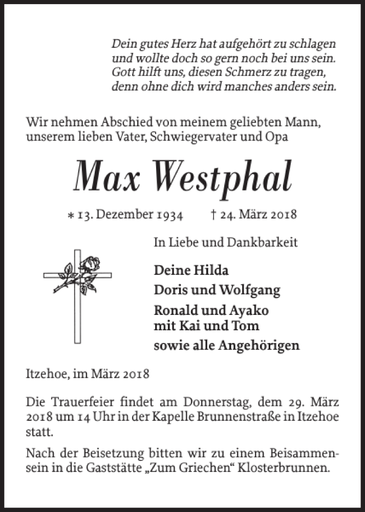  Traueranzeige für Max Westphal vom 27.03.2018 aus Norddeutsche Rundschau