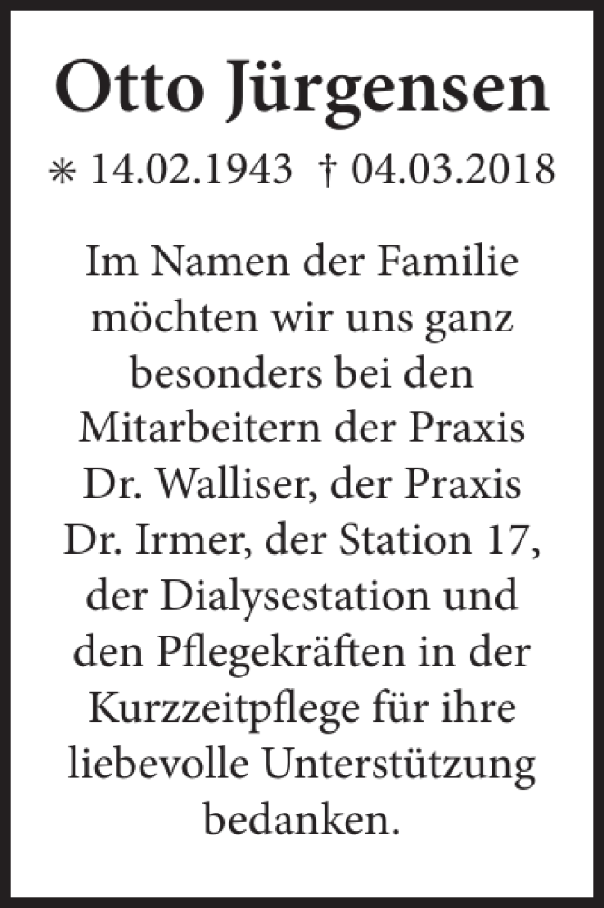  Traueranzeige für Otto Jürgensen vom 10.03.2018 aus Eckernförder Zeitung