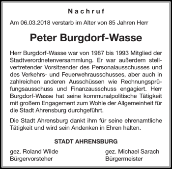 Traueranzeige von Peter Burgdorf-Wasse von Stormarner Tageblatt