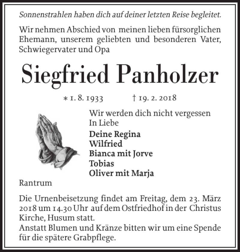  Traueranzeige für Siegfried Panholzer vom 17.03.2018 aus Husumer Nachrichten