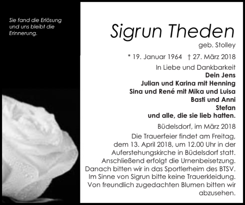  Traueranzeige für Sigrun Theden vom 31.03.2018 aus Landeszeitung