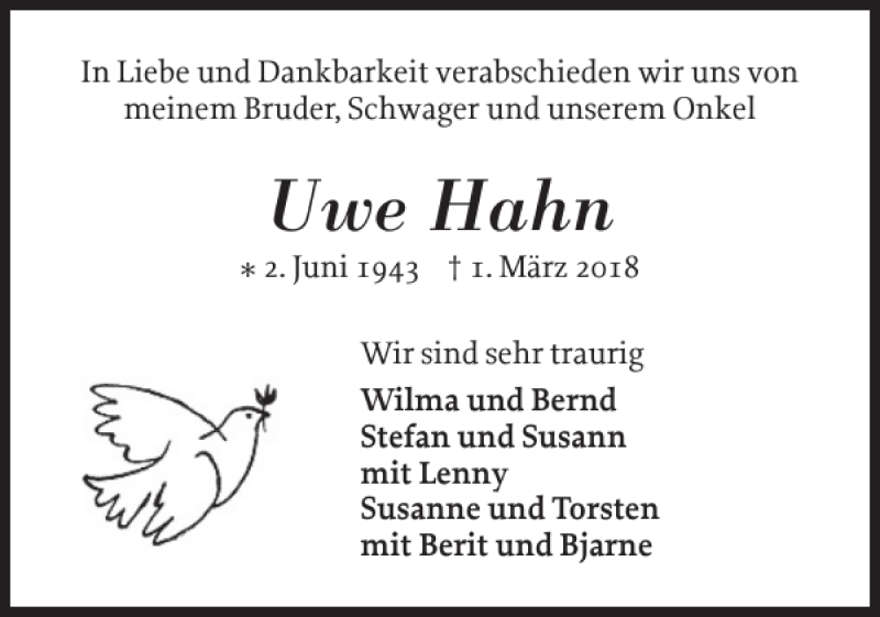  Traueranzeige für Uwe Hahn vom 05.03.2018 aus Schleswiger Nachrichten