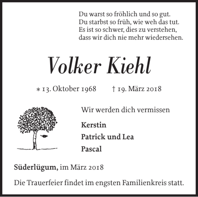  Traueranzeige für Volker Kiehl vom 23.03.2018 aus Nordfriesland Tageblatt