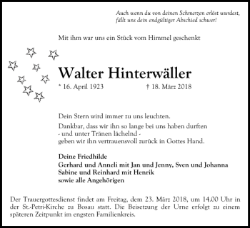 Traueranzeige von Walter Hinterwäller von Ostholsteiner Anzeiger