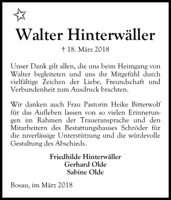Traueranzeige von Walter Hinterwäller von Ostholsteiner Anzeiger