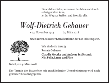 Traueranzeige von Wolf-Dietrich Gebauer von Der Insel-Bote