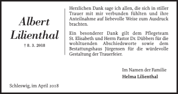Traueranzeige von Albert Lilienthal von Schleswiger Nachrichten