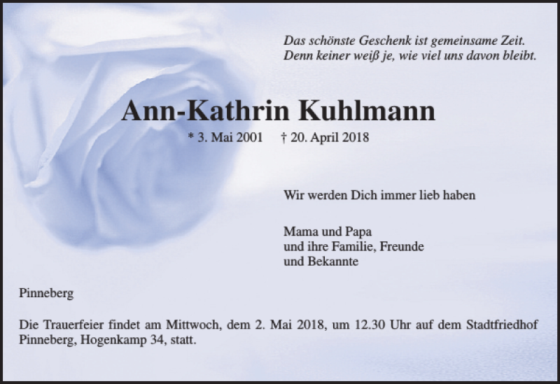  Traueranzeige für Ann-Kathrin Kuhlmann vom 28.04.2018 aus Pinneberger Tageblatt