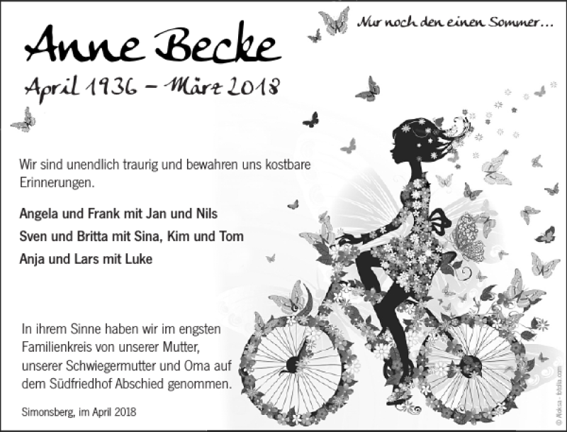  Traueranzeige für Anne Becke vom 07.04.2018 aus Husumer Nachrichten