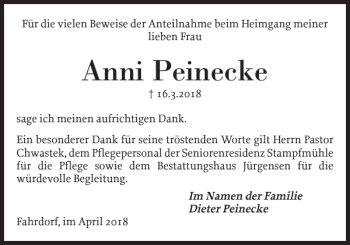 Traueranzeige von Anni Peinecke von Schleswiger Nachrichten