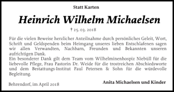 Traueranzeige von Behrendorf im April von Husumer Nachrichten
