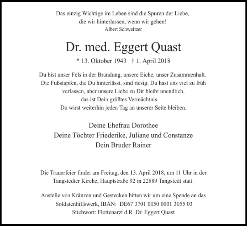  Traueranzeige für Dr. med. Eggert Quast vom 07.04.2018 aus Norddeutsche Rundschau