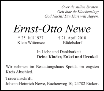 Traueranzeige von Ernst-Otto Newe von Eckernförder Zeitung