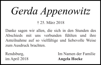 Traueranzeige von Gerda Appenowitz von Landeszeitung