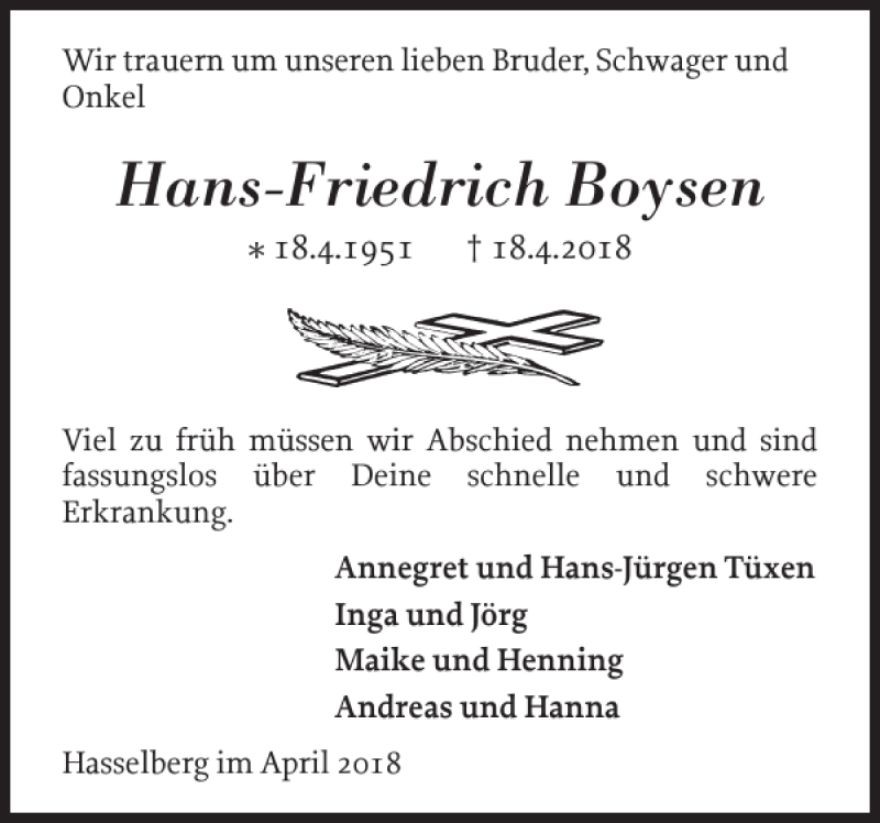  Traueranzeige für Hans-Friedrich Boysen vom 21.04.2018 aus Flensburger Tageblatt