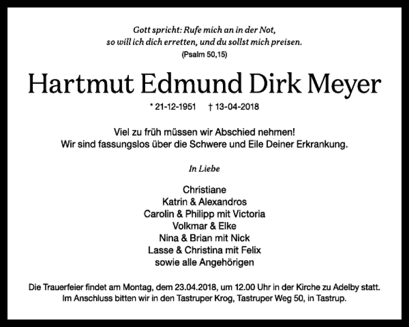  Traueranzeige für Hartmut Edmund Dirk Meyer vom 18.04.2018 aus Flensburger Tageblatt