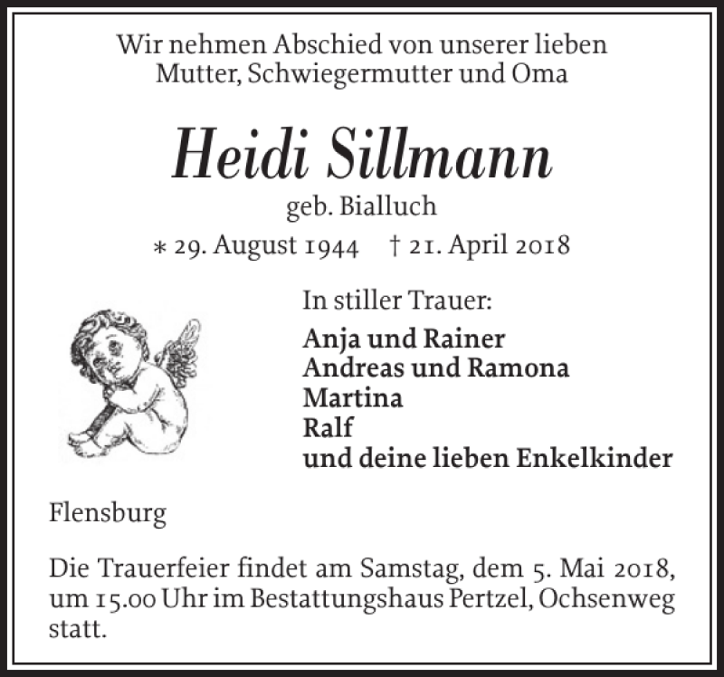  Traueranzeige für Heidi Sillmann vom 28.04.2018 aus Flensburger Tageblatt