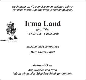 Traueranzeige von Irma Land von Holsteinischer Courier