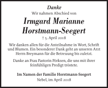 Traueranzeige von Irmgard Marianne Horstmann-Seegert von Der Insel-Bote