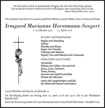 Traueranzeige von Irmgard Marianne Horstmann-Seegert von Der Insel-Bote