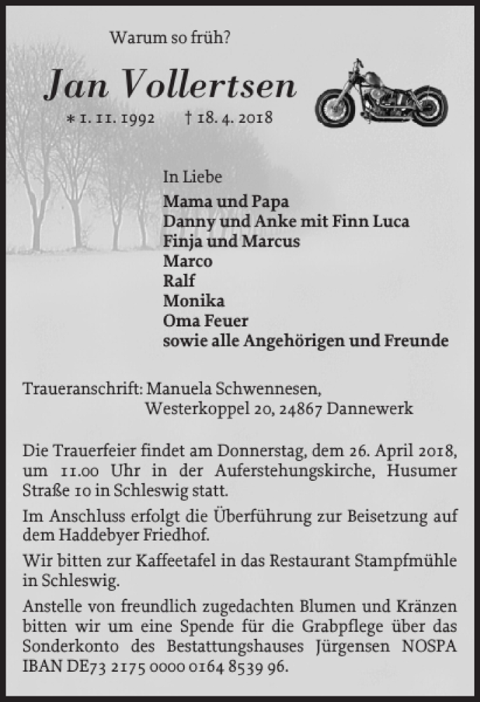  Traueranzeige für Jan Vollertsen vom 21.04.2018 aus Schleswiger Nachrichten