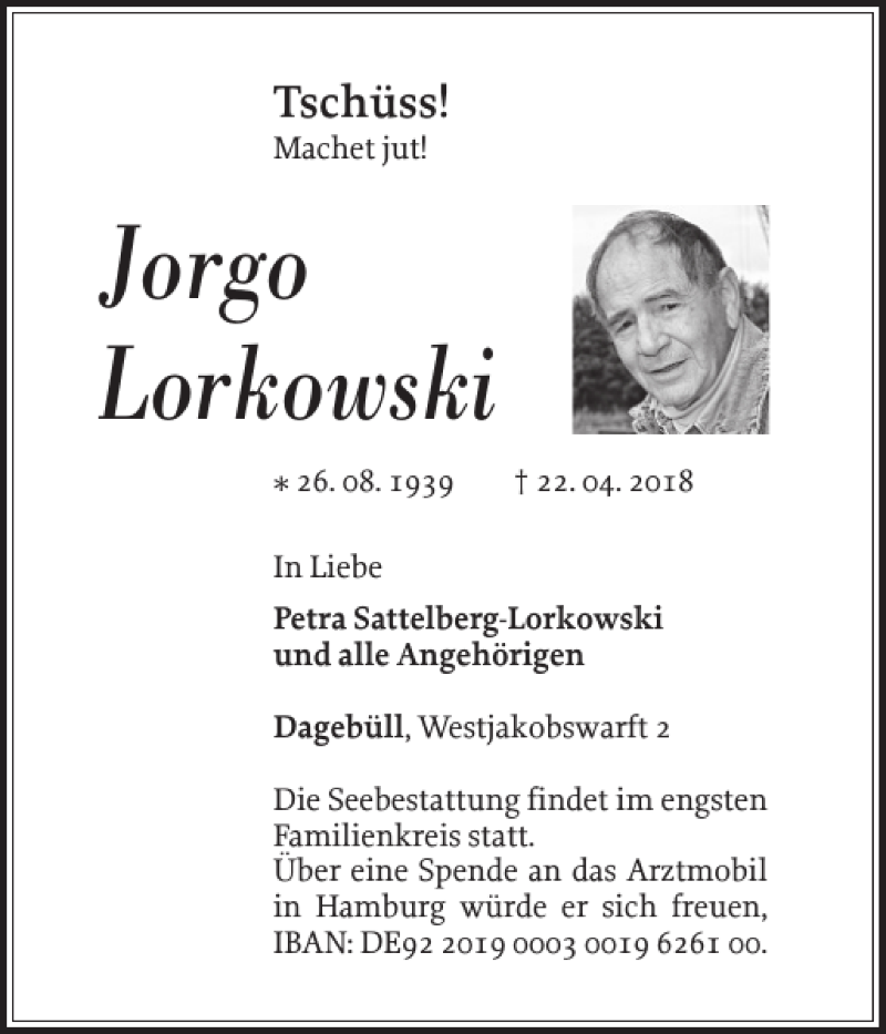  Traueranzeige für Jorgo Lorkowski vom 28.04.2018 aus Nordfriesland Tageblatt