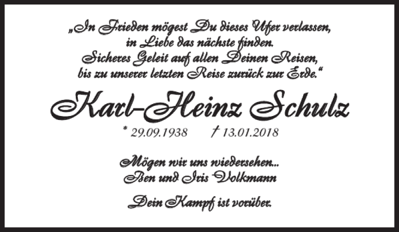  Traueranzeige für Karl-Heinz Schulz vom 07.04.2018 aus Schleswiger Nachrichten