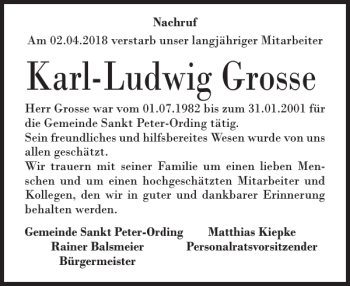 Traueranzeige von Karl-Ludwig Grosse von Husumer Nachrichten