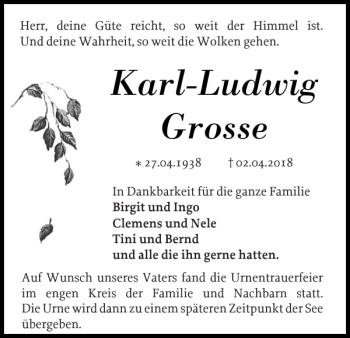 Traueranzeige von Karl-Ludwig Grosse von Husumer Nachrichten