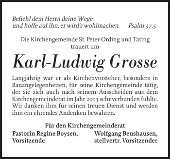 Traueranzeige von Karl-Ludwig Grosse von Husumer Nachrichten