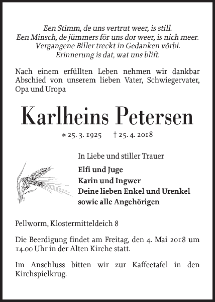  Traueranzeige für Karlheins Petersen vom 28.04.2018 aus Husumer Nachrichten